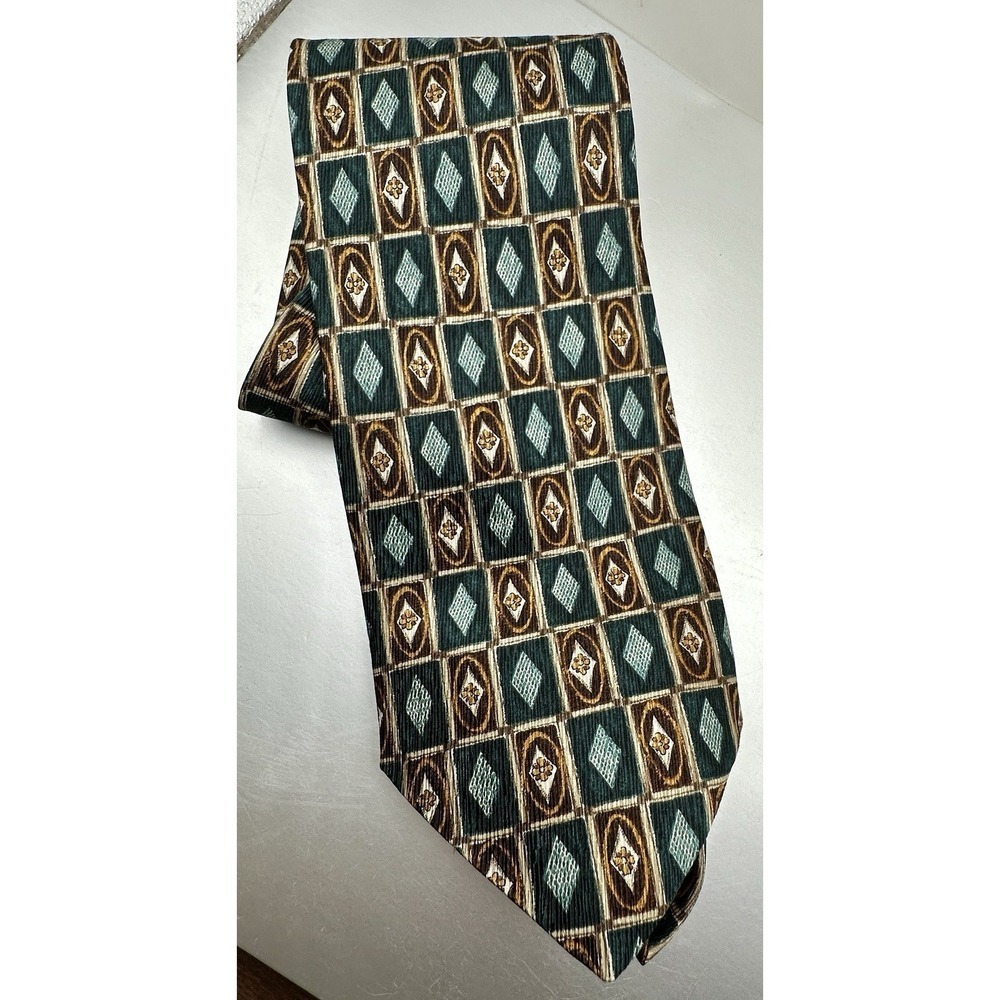 Vito Rufolo Silk Tie Mens Geometric Diamond Floral Teal Brown Handmade Italy